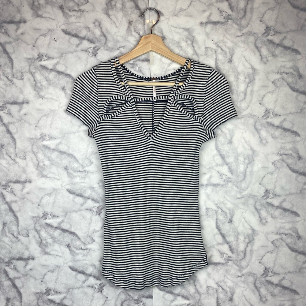 Free People Black and White Fitted Cut Out Tee